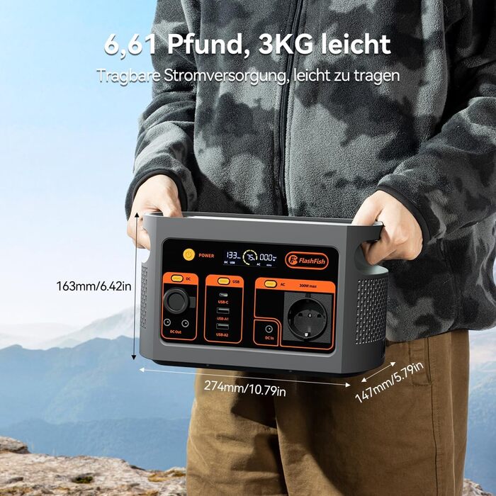 Powerstation FlashFish E103: 300W, 179.2Wh LiFePO4, 3000 циклів, 230V AC, для кемпінгу та подорожей