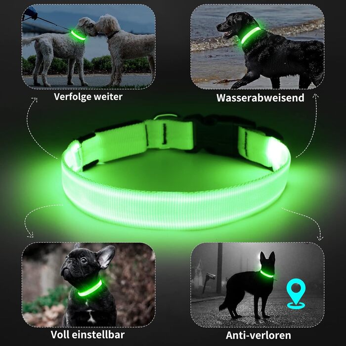 Нашийник для собак зелений M - водонепроникний, заряджається від USB, надзвичайно яскравий, для середніх/великих собак