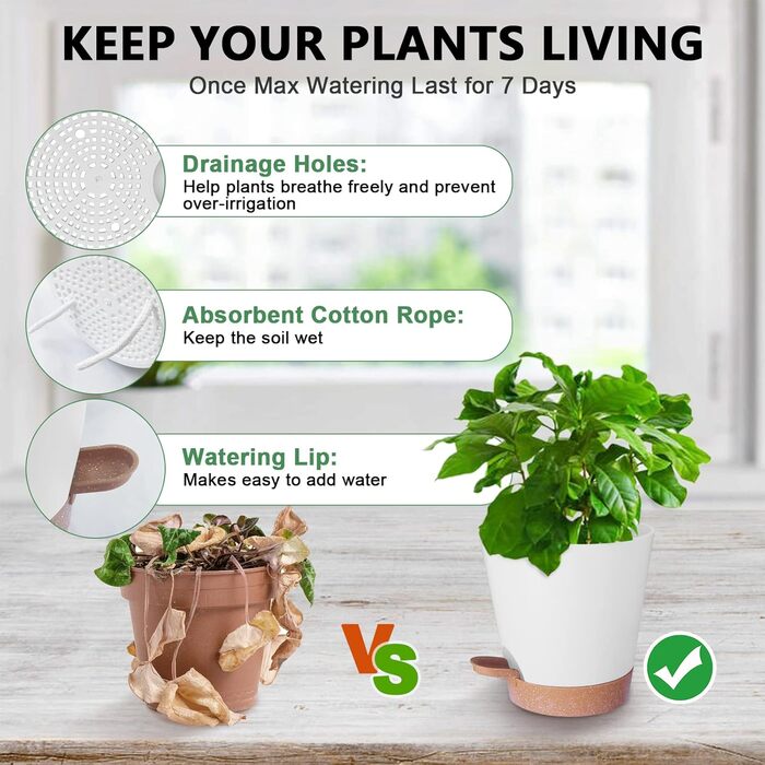 5 шт. пластикові горщики для квітів з системою поливу, 17.8/16.5/15.2/13.9/12.7 см. Самополивні кашпо з підставкою, круглі горщики для квітів, сукулентів, кактусів, кімнатних рослин, балкона та саду, зелені (білий, коричневий)