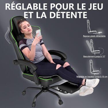 Ергономічне геймерське крісло з підніжкою, Racing-модель, регульована підголовник та поперекова підтримка, для дому та геймінгу, білий (зелений)