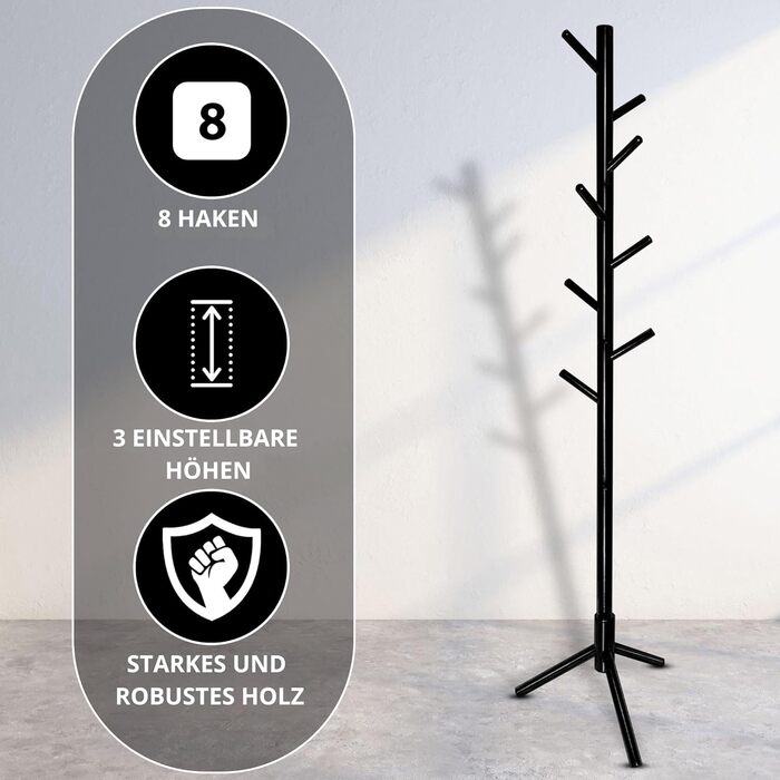 Дерев'яний вішак для одягу Bayt - стійка для одягу 175 см з 8 гачками, чорний колір