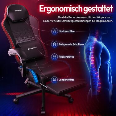 Ігровий крісло Dowinx з RGB підсвічуванням, LED крісло для геймерів з підніжкою, ергономічне крісло з масажем попереку, для дорослих, PU шкіра, білий (чорний)