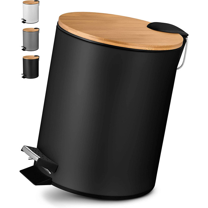 Косметичне відро VMbathrooms 3L з вишуканим чорним дизайном / відро для педалей з автоматичним опусканням (м'яке закриття) / елегантне відро для ванної кімнати з внутрішнім контейнером і кришкою з бамбукового дерева (чорний матовий 5L)