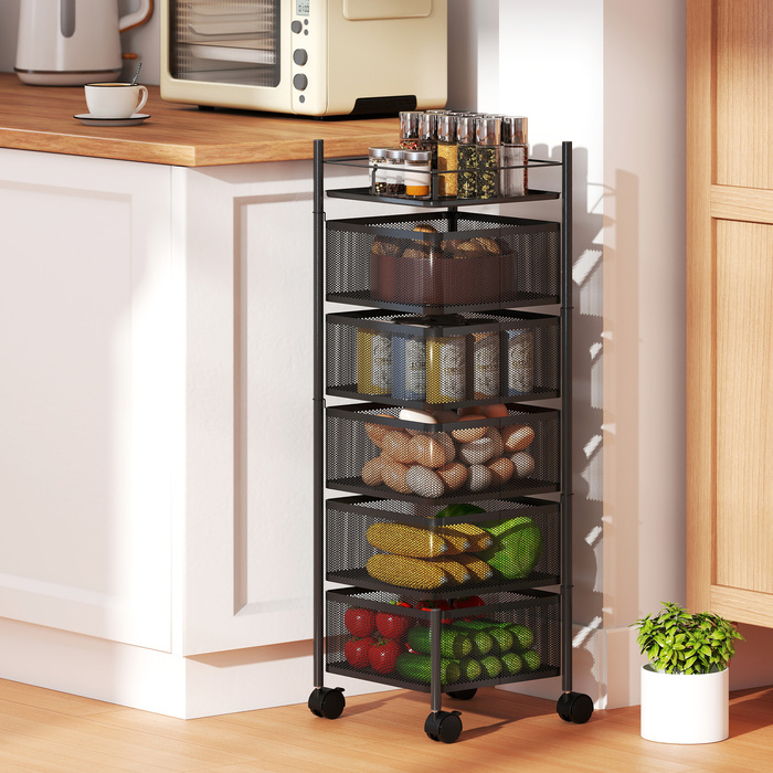 Візок для кухні з 5 обертовими кошиками, 4 поворотними колесами, металевим каркасом, чорного кольору