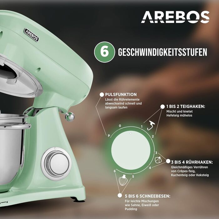 Кухонна машина Arebos Retro 1800W з чашею 6L з нержавіючої сталі | Кухонний міксер з 6 насадками (для тіста, збивання, збивання) та захистом від бризок