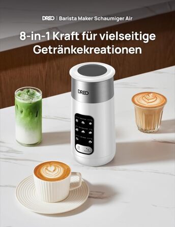 Dreo електричний спінювач молока 8-в-1 для лате арт, 270 мл, з підігрівом, LED, білий
