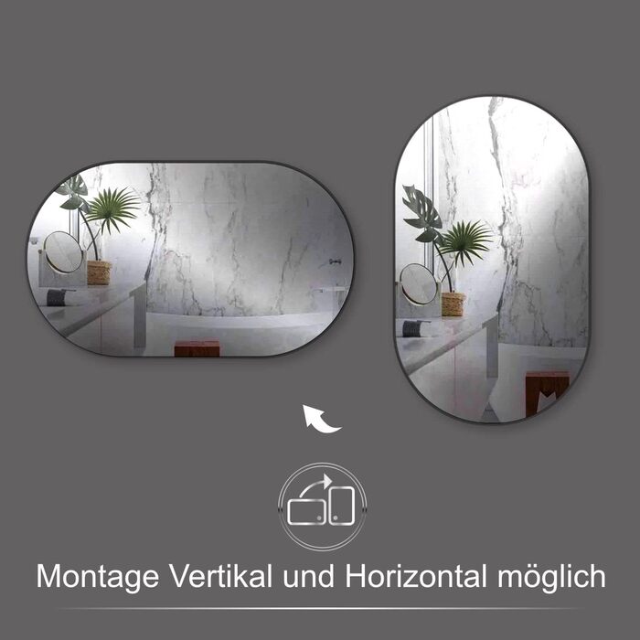 Дзеркало настінне овальне HOKO Design 45x75 см з металевим каркасом матовий чорний. Можлива вертикальна та горизонтальна установка. Для ванної кімнати, коридору, спальні.