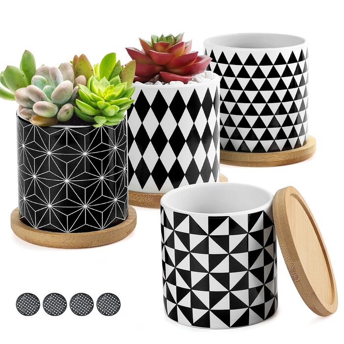 4 шт. горщики для сукулентів Coolty, кераміка, 7 см, міні-кактуси, геометричний дизайн, з підставкою та бамбуковим піддоном для декору