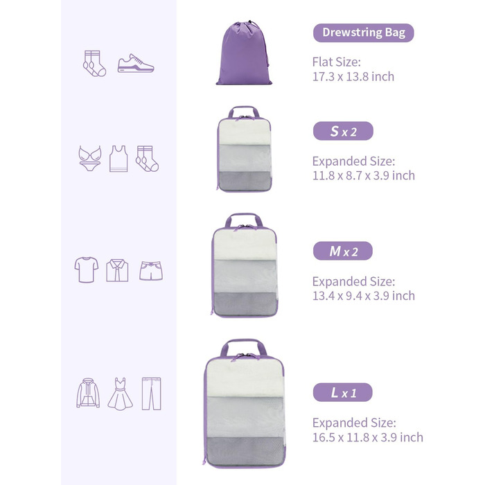 Набір компресійних органайзерів для валізи та рюкзака ECOHUB, 6 предметів, ультралегкі дорожні пакувальні куби з сітчастої тканини (Фіолетовий)