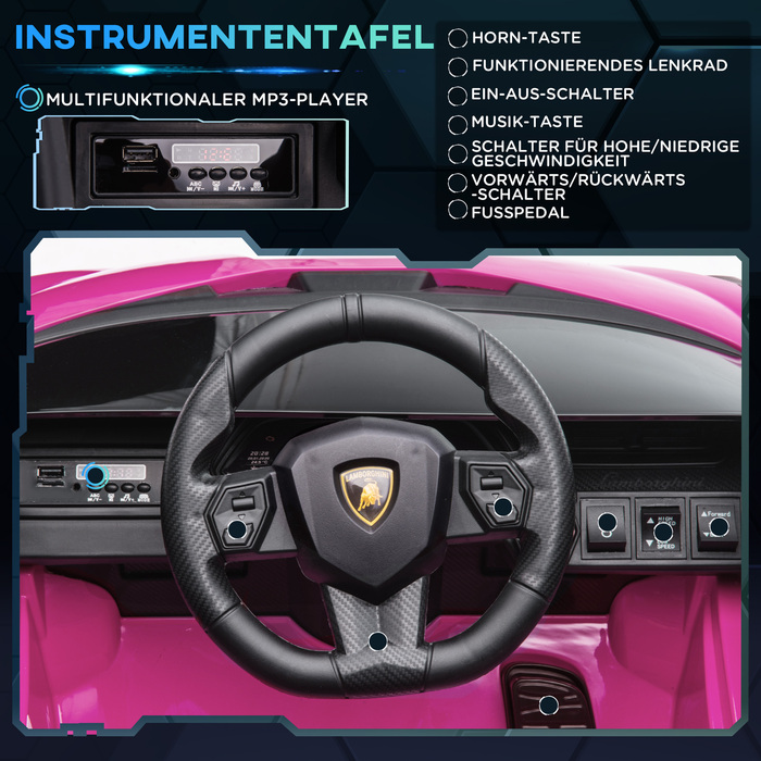 Дитячий електромобіль HOMCOM Lamborghini, 3-5 км/год, з дистанційним керуванням, для дітей 3-5 років, рожевий