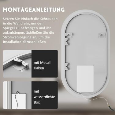 Дзеркало для ванної кімнати з LED-підсвічуванням 40x60 см, 3 кольори світла, сенсорне керування, IP67, енергозберігаюче, для ванної та вітальні