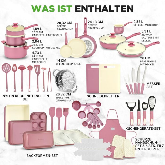 Набір кухонного посуду NutriChef 54 елементи – сковорідки, каструлі, кухонні аксесуари, ножі, форми для випічки, для індукції, газу та електроплити, здорове та дієтичне приготування (рожевий)