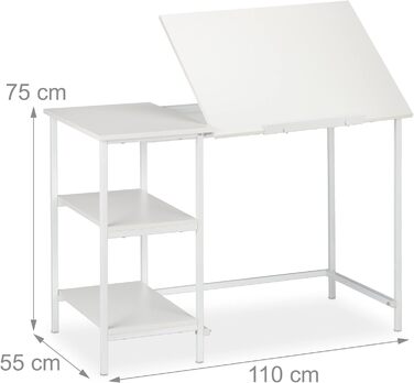 Стіл Relaxdays з нахилом, 3 полиці, кілька кутів, комп'ютер і робочий стіл, ВхШхГ 75 x 110 x 55 см, білий
