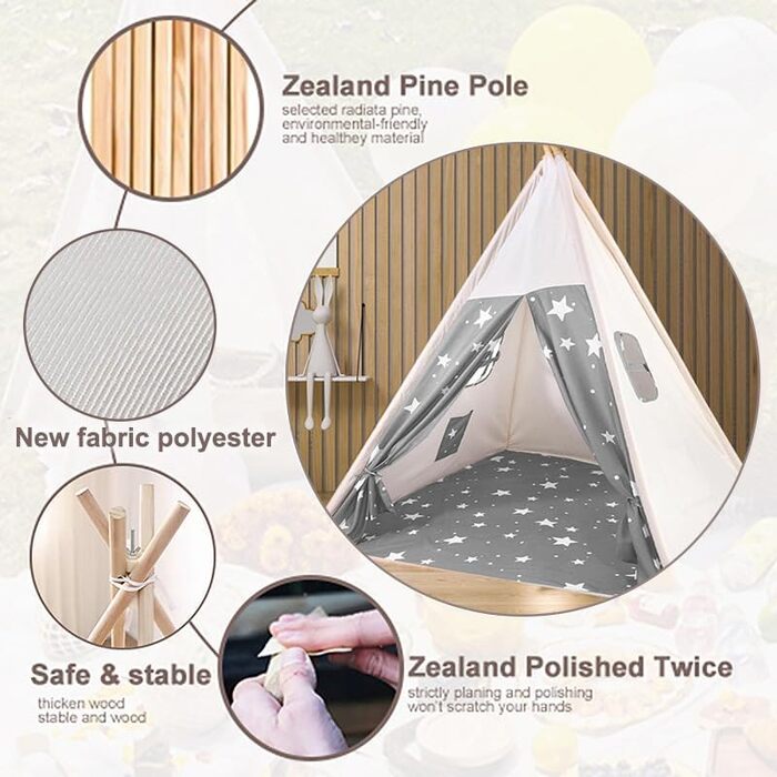 Дитяче намет-типі Camiraft сірого кольору, індійський намет-іграшка зі зірками для дітей, бавовняний намет для дівчаток та хлопчиків з сумкою, складаний дитячий домік для дому чи на вулицю