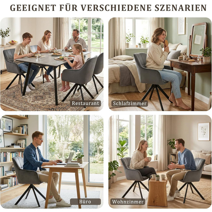 Набір з 6 обертових кухонних стільців сірого кольору з підлокітниками, з м'яким сидінням, для вітальні та кухні. Стільці з металевими ніжками, оббивка з велюру.