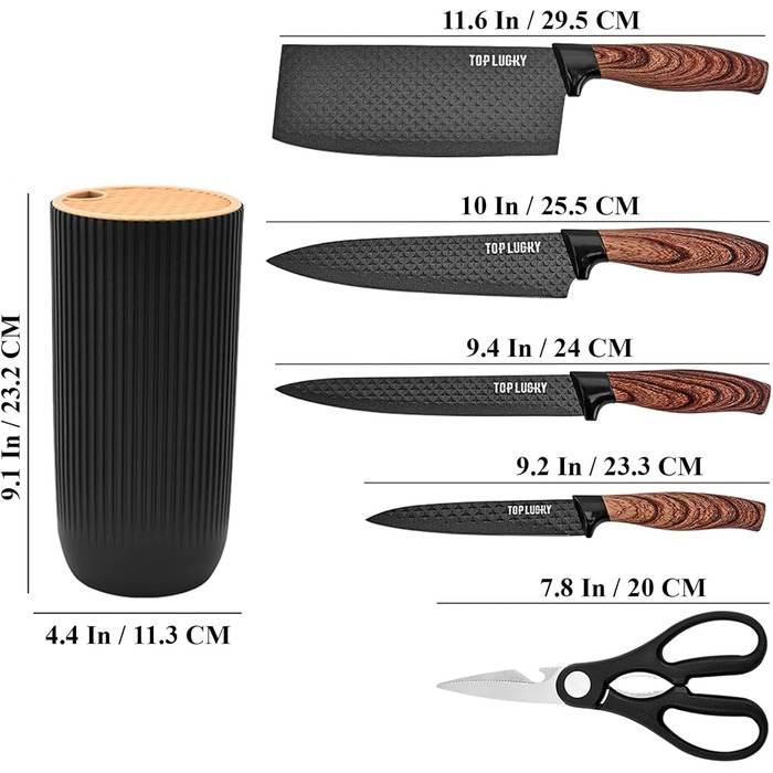 Набір кухонних ножів, 6 шт., чорний, гострий, з антипригарним покриттям, нержавіюча сталь, з підставкою для ножів (чорний)