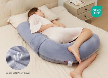 Подушка для вагітних Momcozy F-подібної форми з регульованою подушкою-клином, підтримка всього тіла, для сну на боці, з велюровим чохлом, сіра