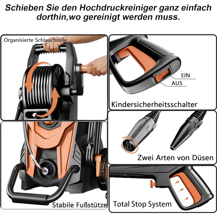 Високотискний мийник 180 бар, 6-в-1 насадка, продуктивність 420 л/год, площа очищення 50 м²/год, економний, з піночистою та барабаном для шлангу, для авто та під'їздів, червоний