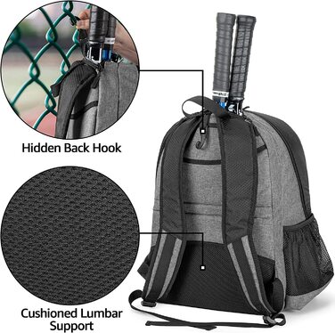 Тенісний рюкзак DSLEAF, Тенісна сумка на 2 ракетки з м'якими плечовими ременями і окреме вентильоване відділення для взуття для чоловіків і жінок сірого кольору