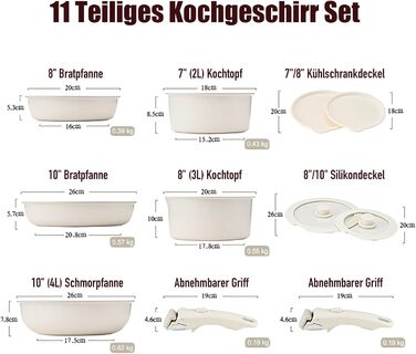 Набір кухонного посуду 11 предметів з антипригарним покриттям, знімні ручки, сумісний з індукцією, газовою плитою, духовкою та посудомийною машиною, без PFAS (білий)