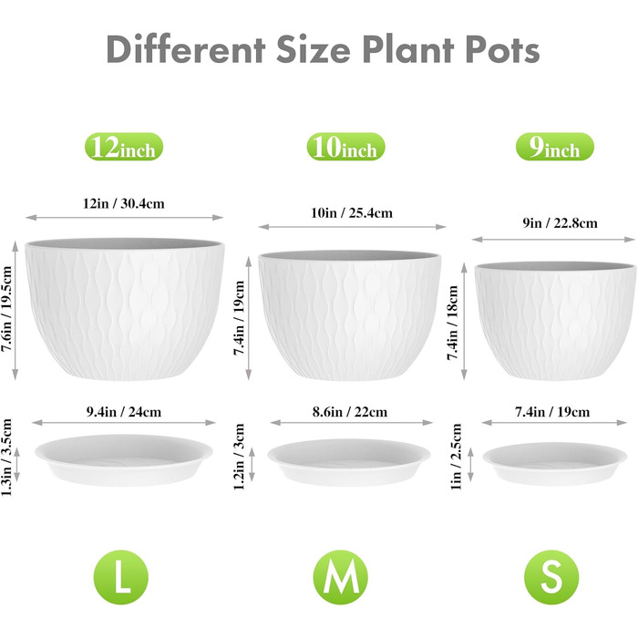 Великі горщики для квітів 3 шт. (30.5x25.4x25.4x22.9 см) з водозливами, білі з чорними крапками, для дому та саду