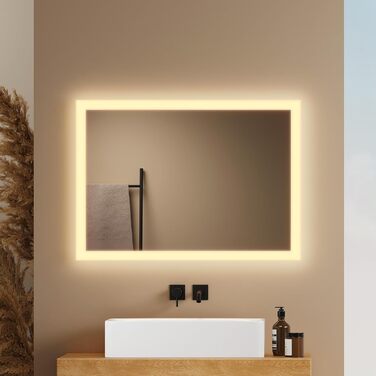 Дзеркало для ванної кімнати EMKE® з підсвічуванням 80x60 см, тепле біле світло 3000K, вимикач, вертикальна/горизонтальна установка, IP44, енергозберігаюче