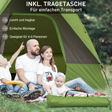 Автомобільний намет Outsunny Camping Tent на 4-5 осіб, 300 x 300 x 230 см, виготовлений зі скловолокна та поліестеру, зелений, ідеально підходить для пригод на свіжому повітрі