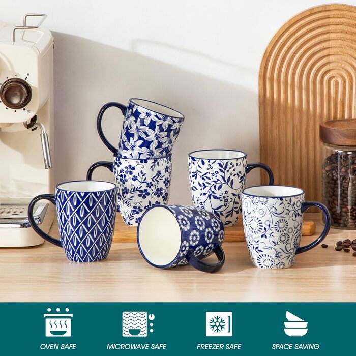 Набір кавових чашок Vancasso Selene, 6 шт., 360 мл, блакитно-білий вінтажний дизайн