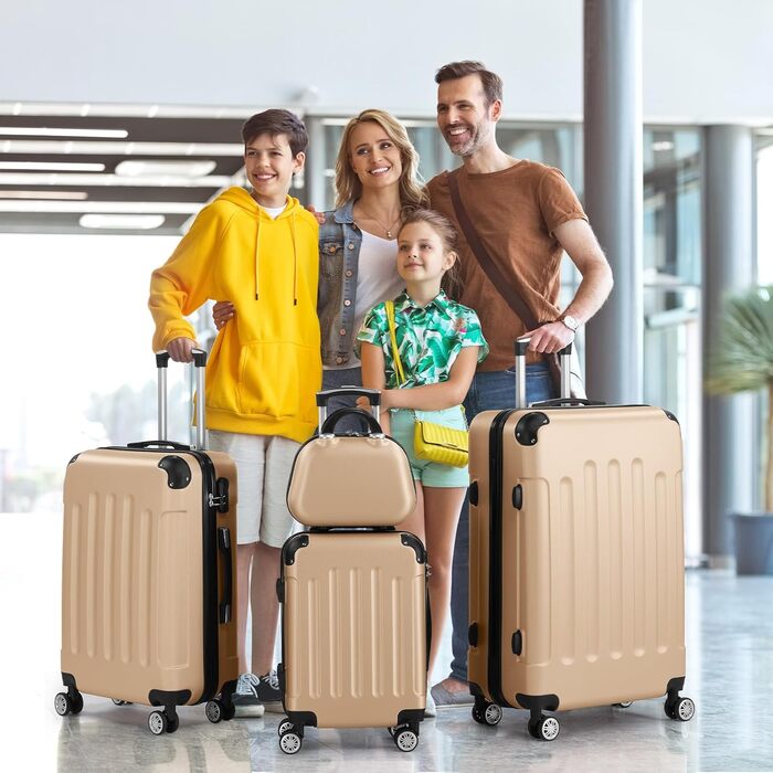 Набір валіз LALAHO 4 шт. з косметичками, з ABS пластику, золотий колір, для подорожей, ручна поклажа