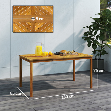 Складний садовий стіл Outsunny 150x85 см, стійкий до погодних умов дерев'яний балконний стіл, розкладний стіл на 6 осіб з отвором для парасольки, обідній стіл на відкритому повітрі з дизайном планки, журнальний столик, стіл патіо для саду Балконний тик