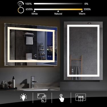 Великий дзеркало для ванної кімнати Badspiegel 120x70 см з підсвічуванням LED, сенсорне керування, антизапар, регулювання яскравості, для ванної кімнати та вітальні, білий колір, тип A: біле світло (50x70 см, 3 кольори світла / з розеткою)