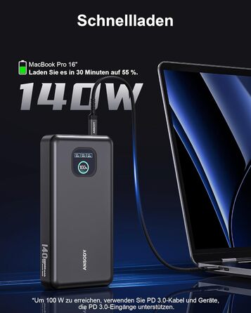 Power Bank 140W, 25000mAh з дисплеєм для ноутбука, MacBook, iPad, iPhone, Switch. Швидка зарядка PD3.1 (Сірий)
