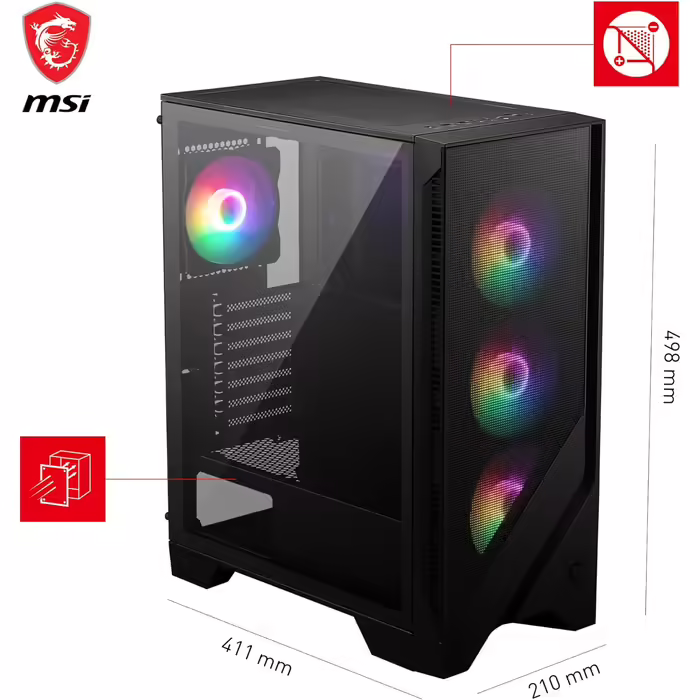 Корпус для ПК MSI MAG Forge 120A Airflow, Mid-Tower, ATX, підтримка RTX 40, Auto-RGB вентилятори, магнітні пилові фільтри, загартоване скло, USB 3.2 Gen1 Typ-A