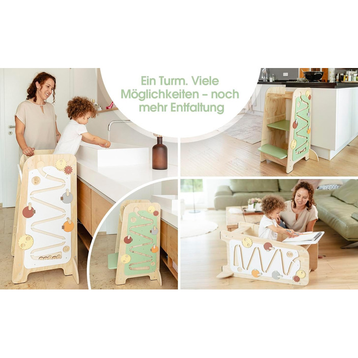 Дитячий навчальний столик-лесенка EXPLORER Kids® 5-в-1 | Монтессорі | Регульована висота, захист від перекидання | Розвиває моторику, вивчення чисел та форм | Дерев'яний, білий та салатовий | Від 1 року