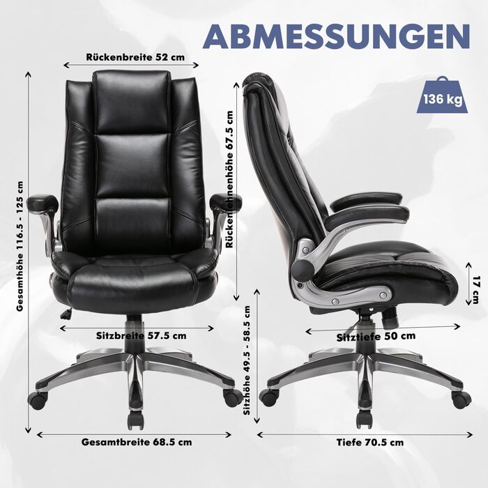 Крісло для офісу Colamy з шкіри, ергономічне, широке, з кишеньковим пружинним блоком, до 136 кг, дихаюче та зручне (чорне)