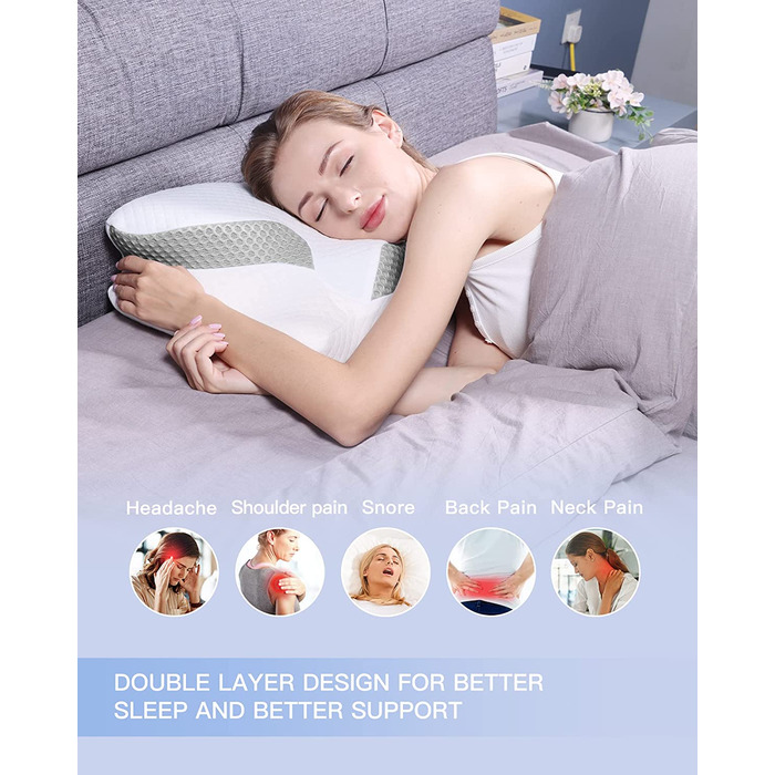 Подушка з піни з ефектом пам'яті Uamector, ортопедична подушка для підтримки шиї, ергономічна подушка для шиї подушка для голови, подушка для сну, підходить для будь-якого положення під час сну (сірий)