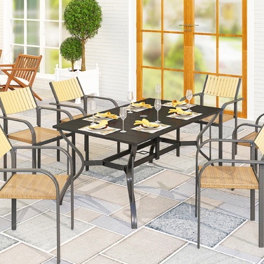 Outsunny Garden Table Сталь 150x90 см Атмосферостійкий балконний стіл з отвором для парасольки, Дизайн планок Фуршетний стіл Кемпінговий стіл на 6 персон Стіл для патіо Відкритий обідній стіл для саду, патіо Балкон чорний