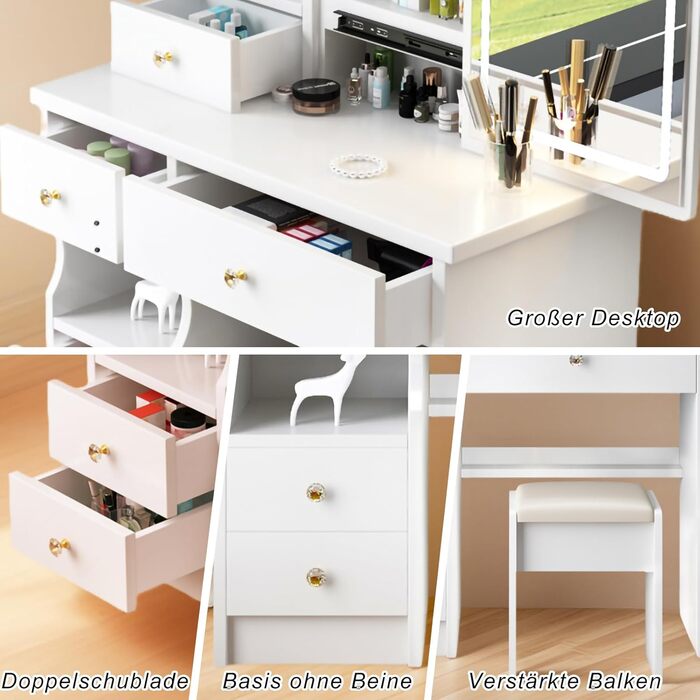 Дзеркальний туалетний столик з LED-підсвічуванням та пуфом, 6 ящиків, 3 полиці, сучасний дизайн, дерево, білий (T68)