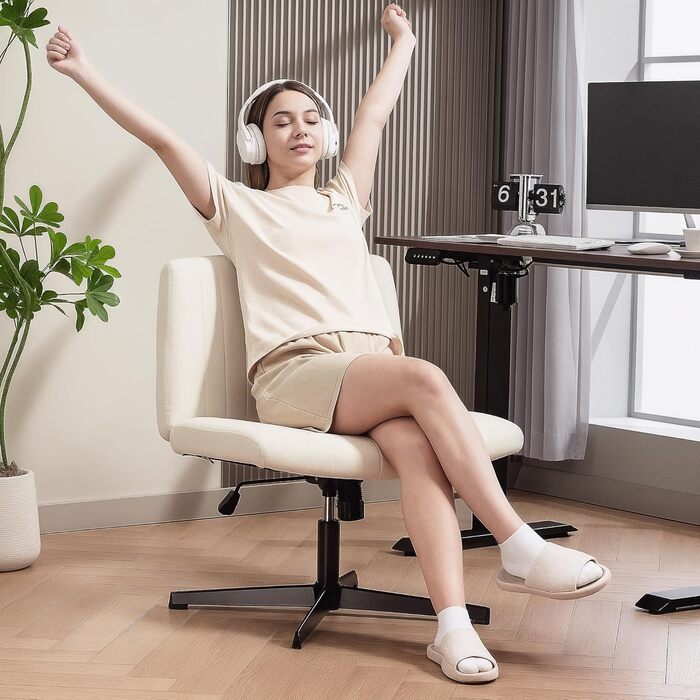 Крісло офісне без підлокітників HOMCOM, тканина льон, регульоване, поворотне, для дому, кремове