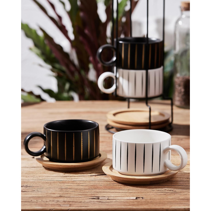 Набір кавових чашок Cappuccino HOME DECOR (4 шт, 160 мл) з підставками та стійкою - 160 мл, Stripe, кераміка