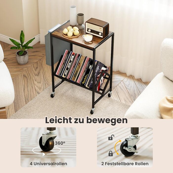 COSTWAY Регулятор для платівки, полиця для платівок з місцем для зберігання вінілу та журналів, підставка для платівок з фіксуючими колесами, приліжкова тумбочка для вітальні, спальні (колір: коричневий)