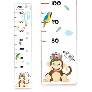 Дитяча дерев'яна вимірювальна палиця Holzura, вимірювальна палиця з іменем для дитячої кімнати, подарунок на день народження для хлопчика та дівчинки, дитяча вимірювальна палиця для вимірювання зросту (мавпа BE WILD, дерево з білим покриттям)