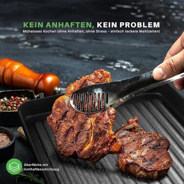 NutriChef Grillplatte 56см – чавунна гриль-пательня з антипригарним покриттям та жолобком для жиру, стійка до високих температур, для газового гриля та плити, BBQ та приготування їжі в приміщенні (28 см квадратна)