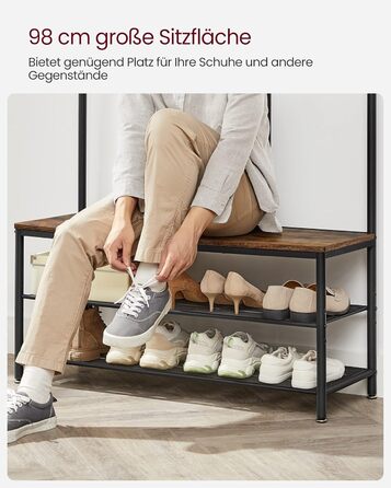 Дзеркало-вішалка VASAGLE HSR415B01 з банкеткою, полицею для взуття, гачками, 35 x 98 x 180 см, для прихожей, спальні, вітальні, індустріальний стиль, вінтажний коричневий + чорний