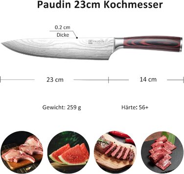 PAUDIN Profi Кухонний ніж 23см з нержавіючої сталі, ергономічна ручка, для професіоналів та любителів, ідеальний подарунок для кулінарів