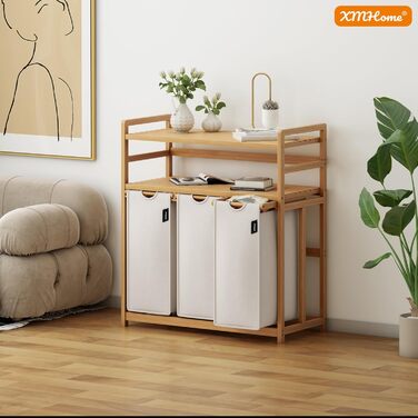 Бамбуковий сортер для білизни з 3 відділеннями, 148 літрів, 2 яруси, великий кошик для білизни з знімним мішком, прямокутна коробка для ванної, спальні та пральні, 77.5x41.3x100.5 см, бежевий (сірий)