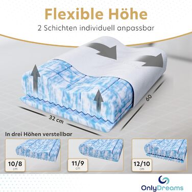 Ортопедична подушка для шиї OnlyDreams з гелевим шаром | Регульована висота + жорсткість | Чохол з алое вера | Підходить для сну на спині, животі та боці | Оeko-TEX (Преміум гель)