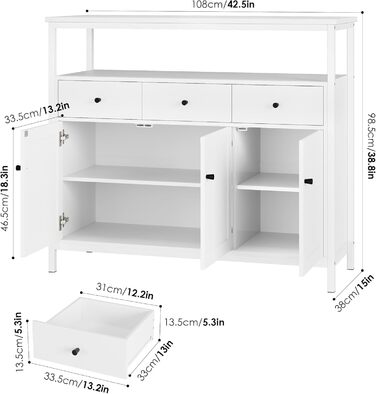 Білий комод-буфет FirFurd з 3 шухлядами та 3 дверцятами для кухні, вітальні, їдальні, 108x38x98,5 см, регульована полиця