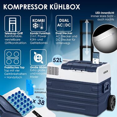 Автомобільний компресорний холодильник KESSER® 42л з Wi-Fi, 12/24/230V, до -20°C, з колесами та телескопічною ручкою для кемпінгу, фургону, вантажівки, човна + 2 акумулятори холоду (синій)