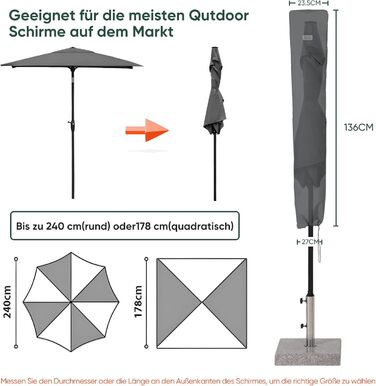 Захисний чохол для парасольки/маркізи Sekey, 260x65 см, сірий (136 x 23,5/27 см)